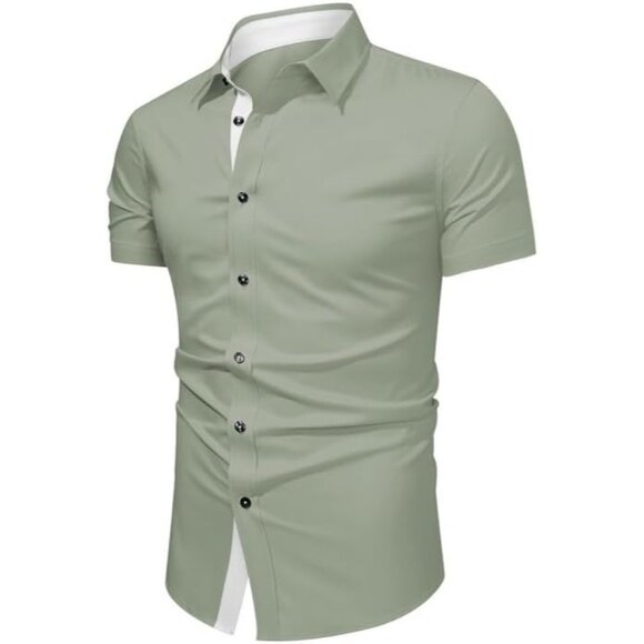 Men's 2 Green Casual Button Down Wrinkle-Free Short Sleeve Business Dress Shirt - Picture 9 of 9
